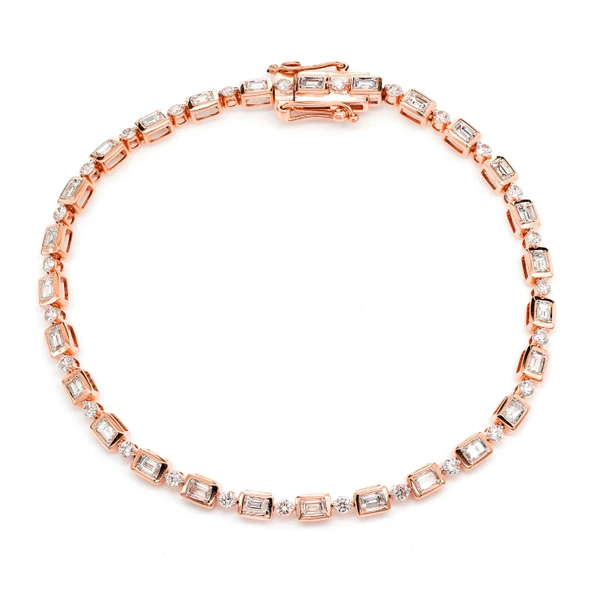 Diamond Baguette And Round Bezel Alternating Link Bracelet 14k Solid Gold 1.20ctw