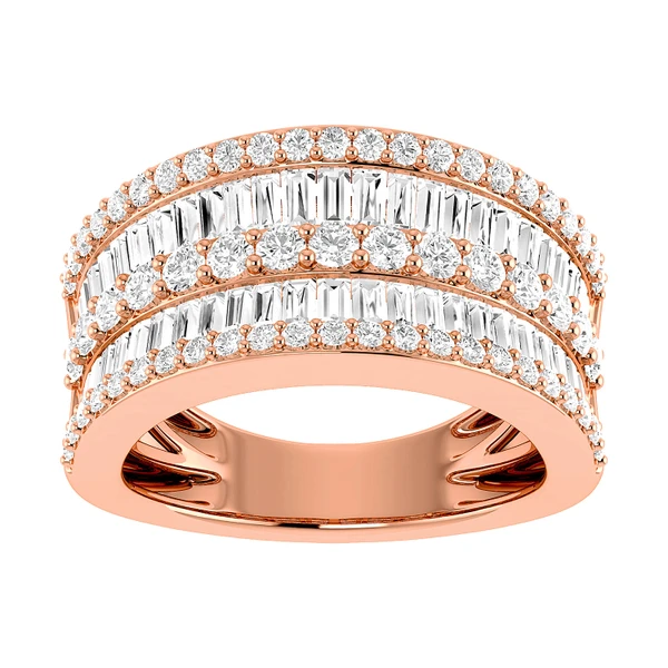 Round And Baguette Wide Diamond Band 14k Solid Gold 1.85ctw