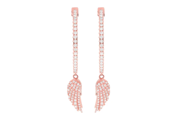 Feather Wing Dangling Hoop Diamond Earrings 14k Solid Gold 3.33ctw