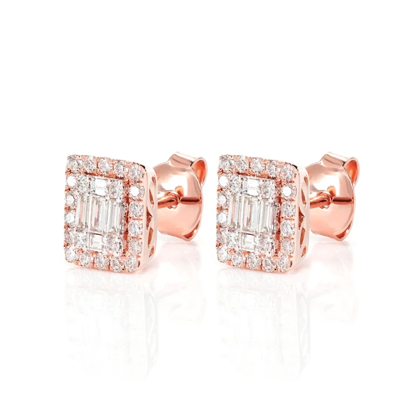 Halo Diamond Baguette Stud Earrings 14k Solid Gold 0.70ctw