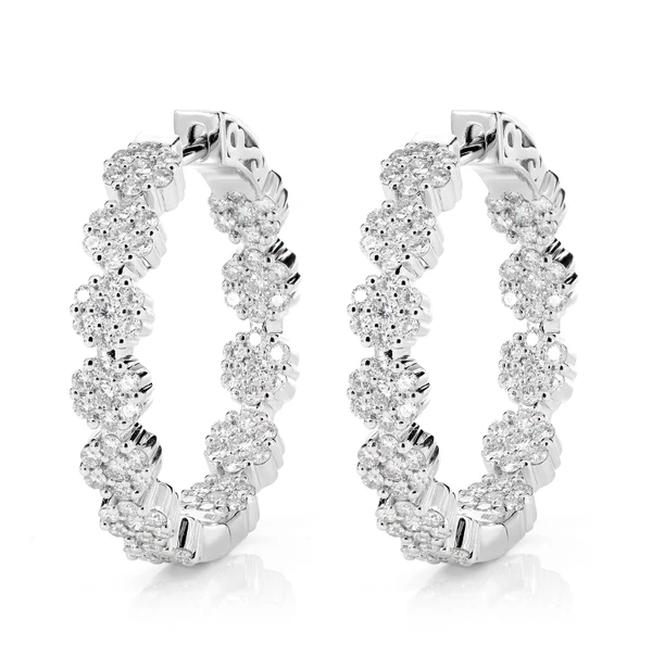 Diamond Flower Inside Outside Hoop Earrings 14k Solid Gold 2.00ctw