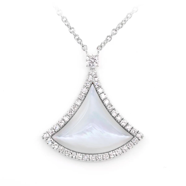 Curved Mother Of Pearl Triangleand Diamond Pendant Attached Necklace 14k Solid Gold 3.00ctw