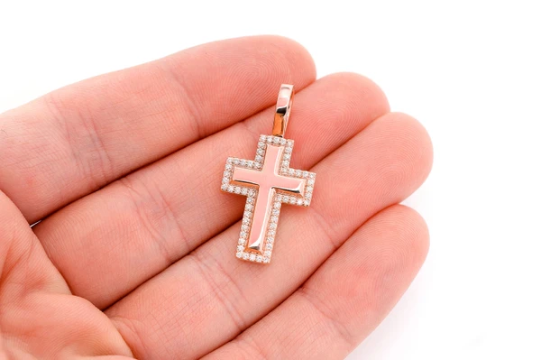 Diamond Border Cross Pendant 14k Solid Gold 0.35ctw