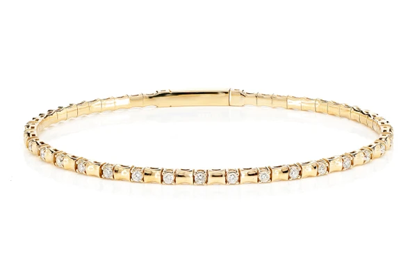 Curved Bead And Round Diamond Flex Bangle Bracelet 14k Solid Gold 0.40ctw 