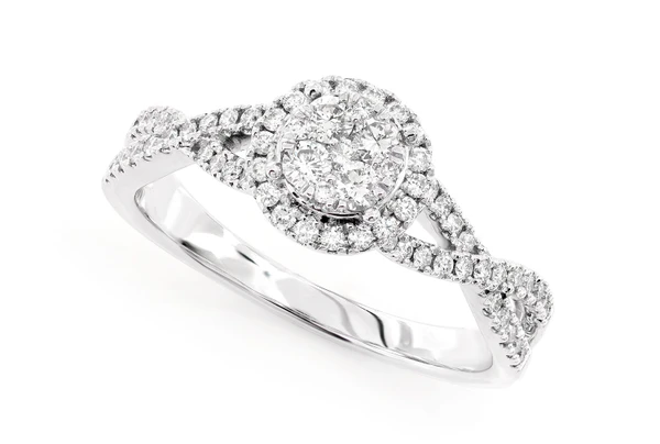Round Mosaic Twisted Halo Diamond Ring 14k Solid Gold 0.55ctw