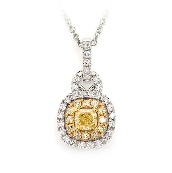 Yellow Diamond Cushion Double Halo Pendant 14k Solid Gold 0.80ctw 
