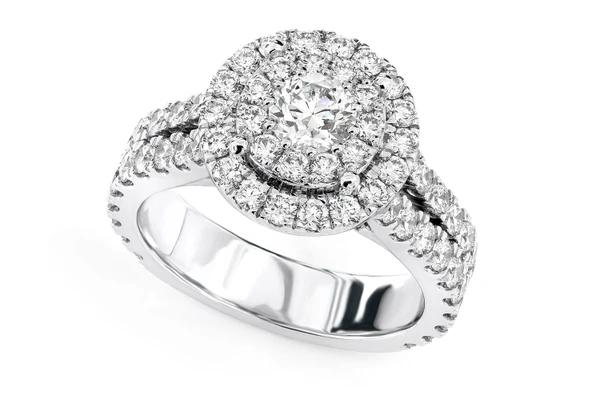 Double Halo Split Shank Diamond Engagement Ring 2.50ctw - 14k Solid Gold- All Natural