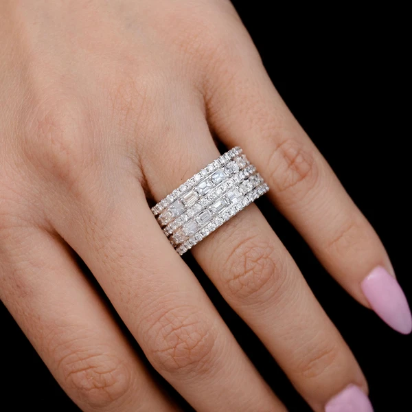 Five Row Baguette And Diamond Band Ring 14k Solid Gold 4.00ctw