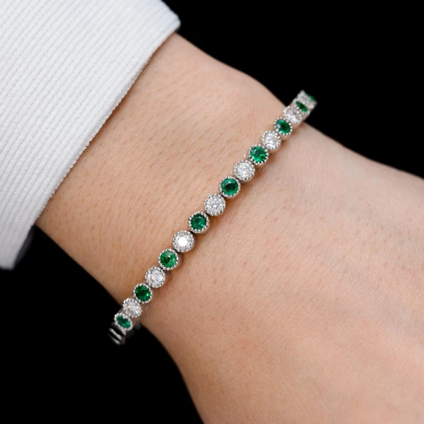 Emerald And Diamond Beaded Milgrain Flex Bangle Bracelet 14k Solid Gold 2.10ctw