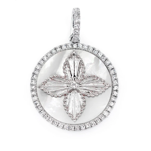 Mother Of Pearl And Diamond Four Petal Flower Disc Pendant 14k Solid Gold 3.71ctw