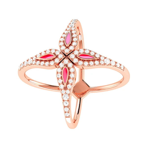 0.35ctw Criss-Cross Pink Enamel Diamond Ring - All Natural - 14k Solid Gold