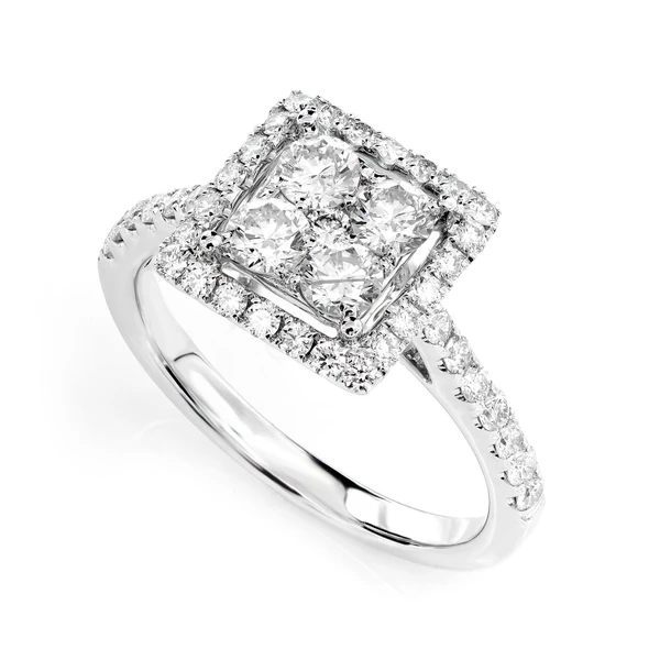 1.15ctw Halo Square Cluster Diamond Engagement Ring - All Natural - 14k Solid Gold