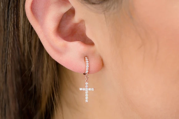 Cross Dangling Hoop Diamond Earrings 14k Solid Gold 0.40ctw