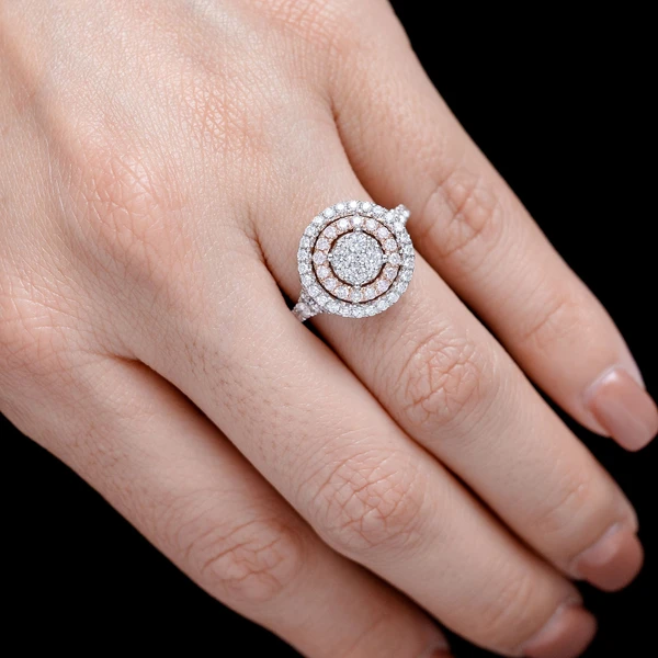 Double Halo Round Cluster Diamond Ring 14k Solid Gold 1.15ctw