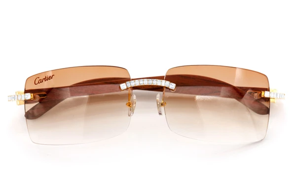 Cartier Glasses Iced Out Diamonds Rimless Wood - Brown Fade - 3.00ctw - Yellow Gold