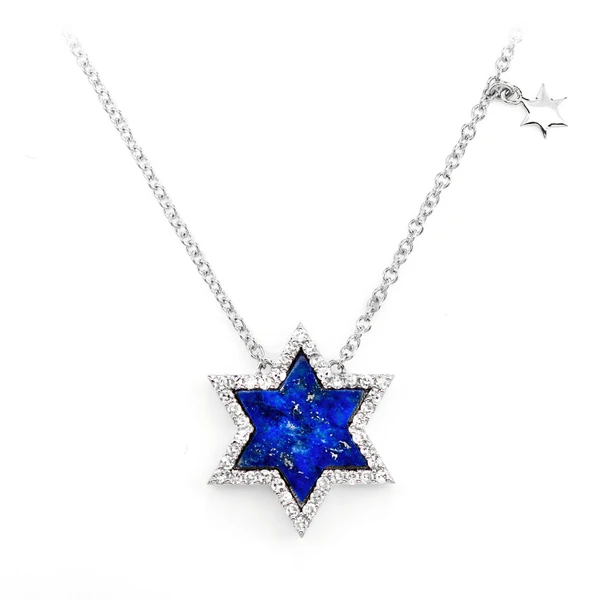 Lapis Star Of David Diamond Pendant Necklace Attached 14k Solid Gold 0.24ctw