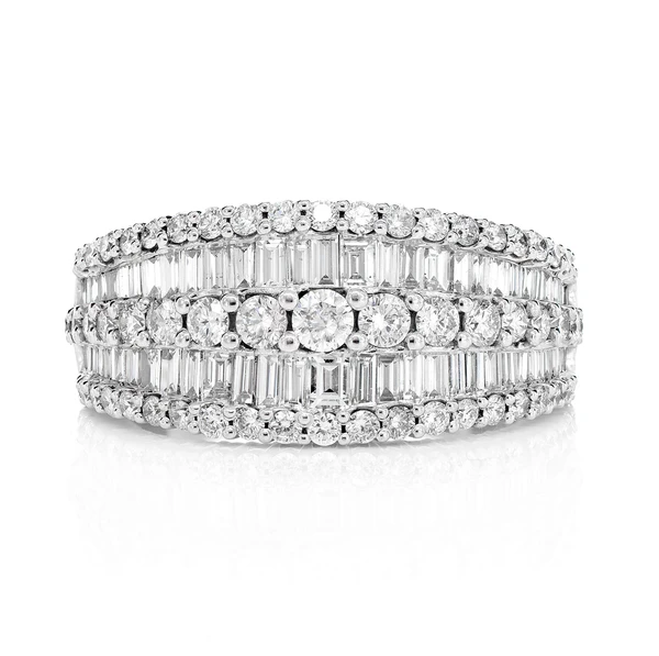 Tapered Two Row Baguette And Round Diamond Ring 14k Solid Gold 1.95ctw