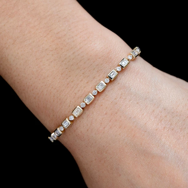 Diamond Baguette And Round Bezel Alternating Link Bracelet 14k Solid Gold 1.20ctw