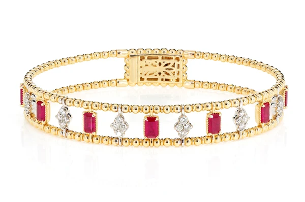 Ruby And Diamond Cluster Stone Beaded Bangle Bracelet 14k Solid Gold 2.70ctw