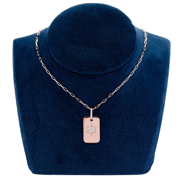 Star Of David Dog Tag Diamond Necklace Attached 14k Solid Gold 0.19ctw