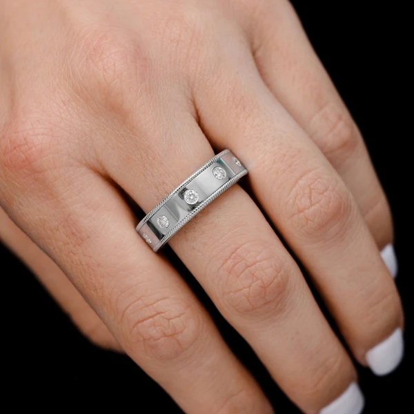 Border Detail Gypsy Set Diamond Band Ring 14k Solid Gold 0.45ctw