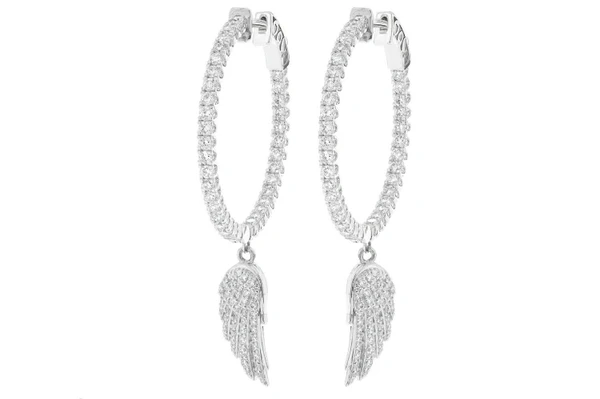 Feather Wing Dangling Hoop Diamond Earrings 14k Solid Gold 3.33ctw