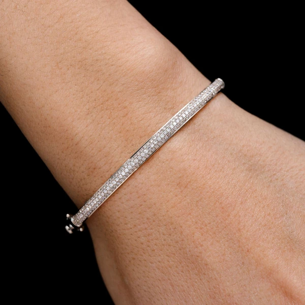 Diamond Three Row Pave Bangle Bracelet 14k Solid Gold 1.05ctw
