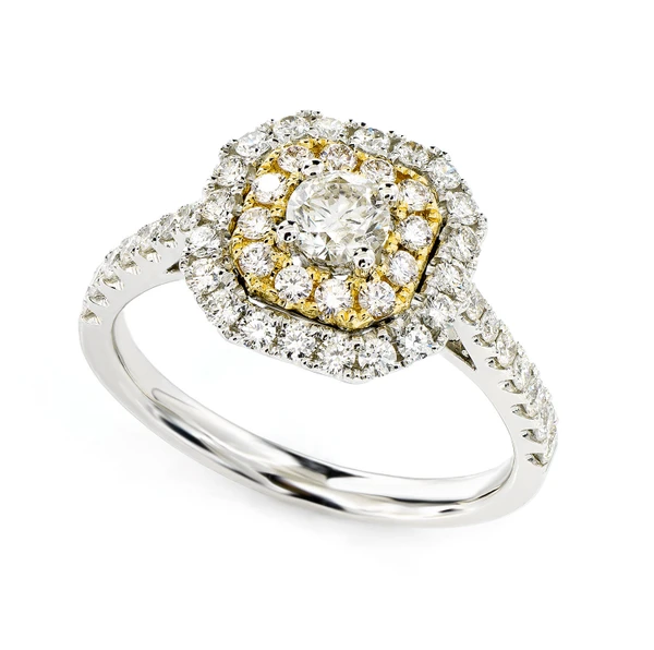 Geometric Double Halo Split Shank Diamond Ring 14k Solid Gold 0.95ctw