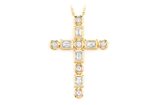 Baguette And Round Diamond Cross Pendant Necklace Attached14k Solid Gold 0.75ctw