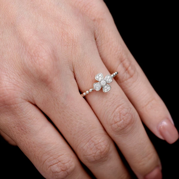 Beaded Diamond Bezel Flower Ring 14k Solid Gold 0.10ctw