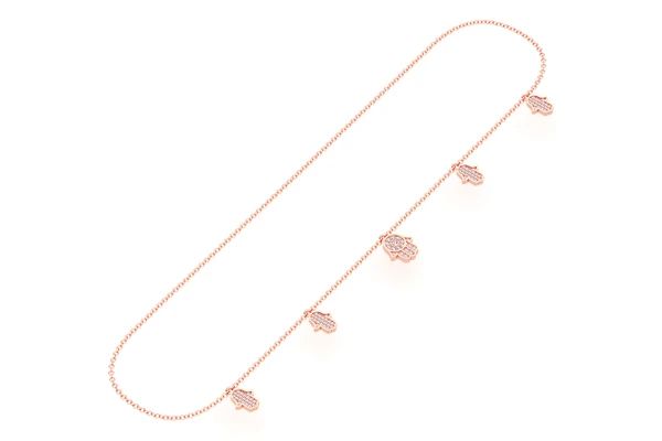 5 Hamsa Rolo Diamond Necklace Connected 14k Solid Gold 0.40ctw