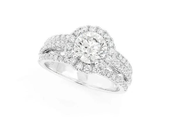 1.50ct Round Solitaire - Three Row Cathedral Halo - Diamond Engagement Ring - All Natural