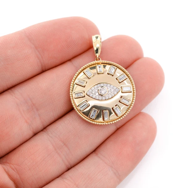 Evil Eye Baguette Diamond Medallion Pendant 14k Solid Gold 0.80ctw 