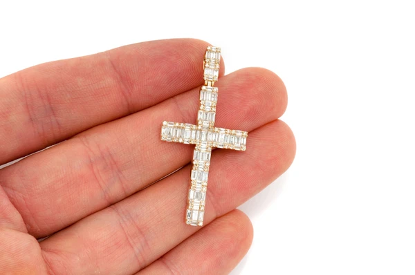 Baguette Cross Diamond Pendant 14k Solid Gold 2.00ctw