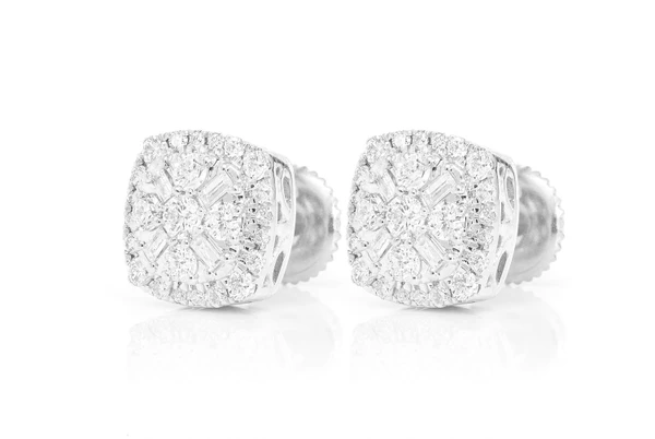 Baguette Flower Stud Diamond Earrings 14k Solid Gold 1.00ctw