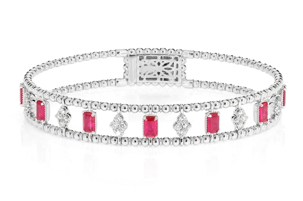 Ruby And Diamond Cluster Stone Beaded Bangle Bracelet 14k Solid Gold 2.70ctw