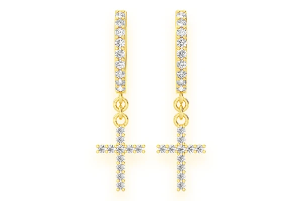 Cross Dangling Hoop Diamond Earrings 14k Solid Gold 0.20ctw