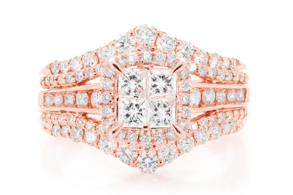 Princess Quad Halo Diamond Ring 14k Solid Gold 2.00ctw