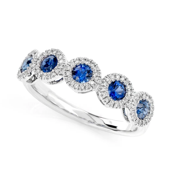 Five Stone Sapphire And Diamond Halo Band Ring 14k Solid Gold 0.75ctw