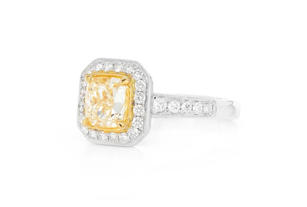 1.50ct Cushion Yellow Diamond - Millgrain Halo - Diamond Engagement Ring - All Natural