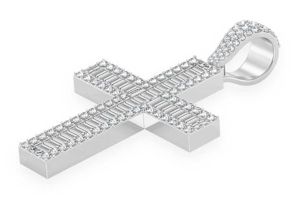 Baguette Cross Diamond Pendant 14k Solid Gold 4.00ctw
