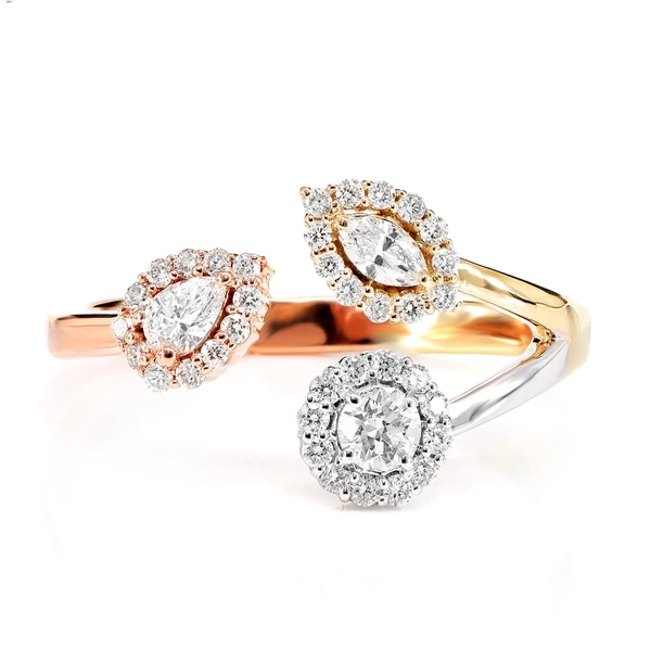 Tri Tone Multi Shape Open Bypass Diamond Ring 14k Solid Gold 0.45ctw