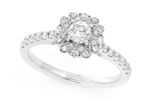 Round Floral Halo Diamond Ring 14k Solid Gold 0.75ctw