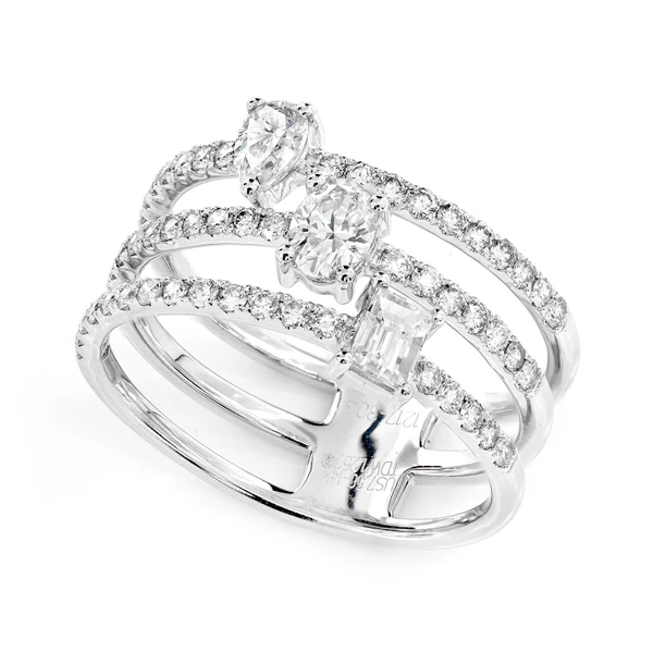 Three Row Multi Shape Diamond Open Ring 14k Solid Gold 