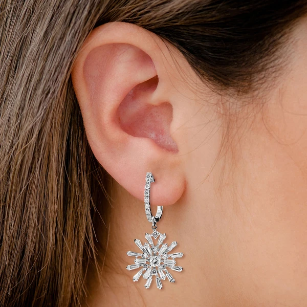 Diamond Dangling Baguette Starburst Earrings 14k Solid Gold 2.20ctw