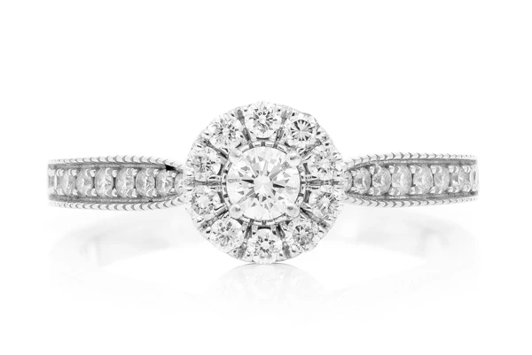 Round Halo One Row Diamond Ring 14k Solid Gold 0.50ctw