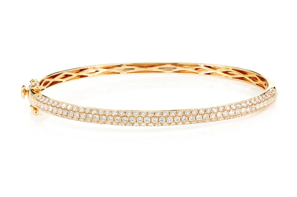 Diamond Three Row Pave Bangle Bracelet 14k Solid Gold 1.95ctw