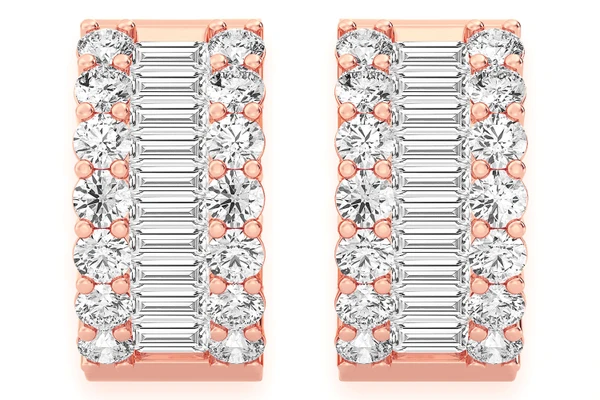 Baguette & Round Hoop Diamond Earrings 14k Solid Gold 2.00ctw