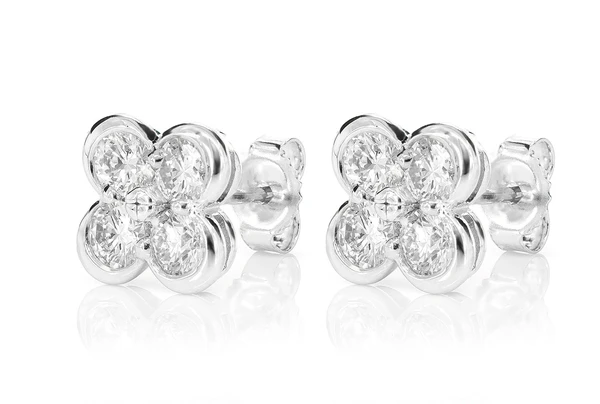 Diamond Clover Stud Earrings 14k Solid Gold 0.95ctw