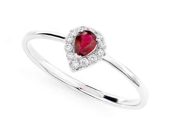 Pear Shape Ruby And Diamond Halo Engagement Ring - All Natural - 14k Solid Gold - 0.08ctw 